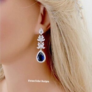 Blue Sapphire Earrings CZ Teardrop Wedding Bridal Prom Mother of the Bride